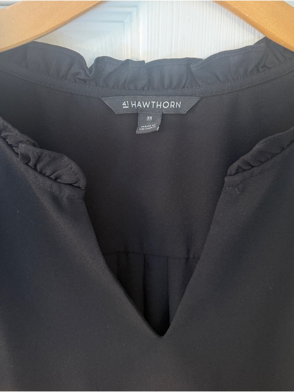 41 Hawthorn Black V-Neck Blouse with Ruffle Trim, Tulip sleeves